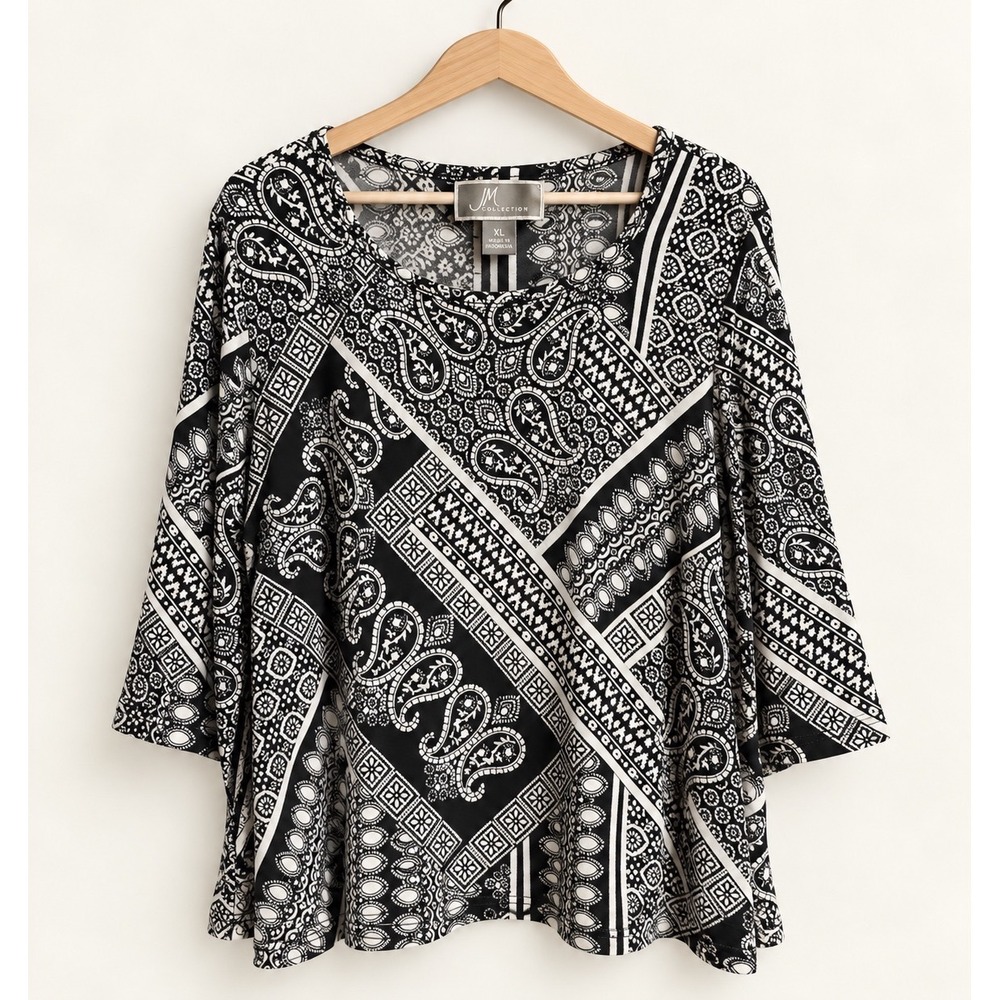 JM Collection Womens XL Black White Paisley Patchwork 3/4 Sleeve Tunic Blouse